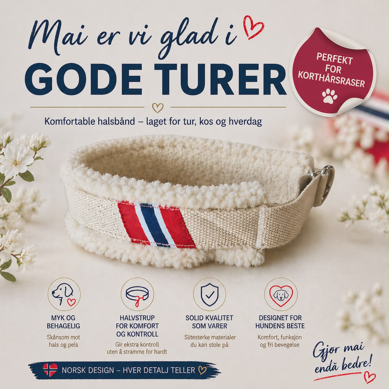 K9shop Håndlaget Halvstrup Halsbånd – Polar Hvit